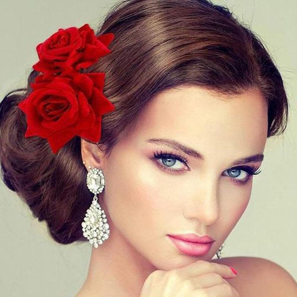Women Rose Flower Hair Clip Flamenco Accessories,Embroidered Sequins Fabric Hand - Picture 3 of 7